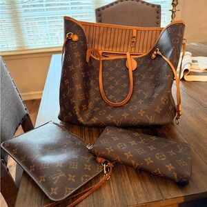 Louis Vuitton Dark Brown Monogram Neverfull bag, wristlet, and wallet